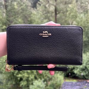COACH Black Leather Phone Wallet Wristlet with Gold Hardware AUTHENTIC